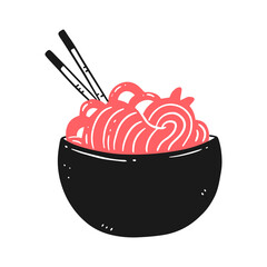 Ramen noodles with Chinese chopsticks in cartoon doodle style. isolated food illustration.