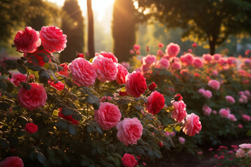 Beautiful roses garden, summer morning