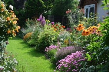 Tranquil Summer garden flowers lawn. Floral beautiful. Generate Ai