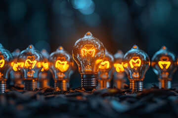 Inspiration concept, a row of lightbulbs in the dark