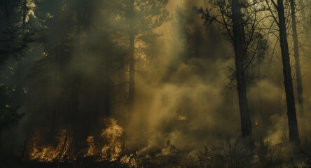Fototapeta premium Thick black smoke envelops the forest making it difficult to see more than a few feet in front.