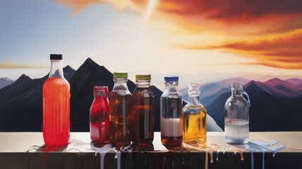 Energy bars and drinks displayed against a mountain landscape, no text, no inscriptions, no advertising ::3 dripping paint ::3 --ar 16:9 --quality 0.5 --stylize 0 --v 5.2 Job ID: d118cfc4-a60e-4541