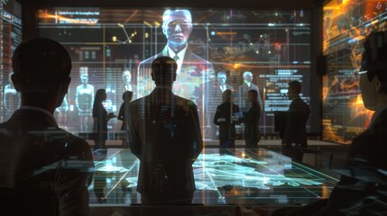 A group of reporters conducting interviews via holographic projections of sources miles away.