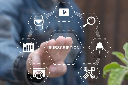 Blogger working on virtual touch screen presses word: SUBSCRIPTION. Subscribe to video channel. Subscriptions for social media. Business Web Promotion Marketing Concept.
