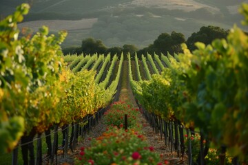 Expansive Beautiful vineyard. Rural view sun. Generate Ai