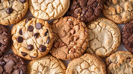 Close-up of assorted cookies, including chocolate chip, oatmeal raisin, and white chocolate, filling the frame with delicious detail. - Powered by Adobe
