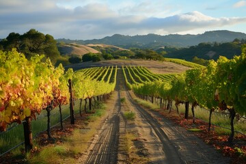 Naklejka premium Tranquil Beautiful vineyard. Rural view sun. Generate Ai