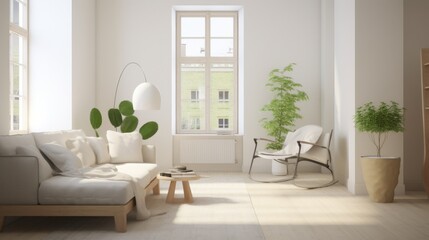 Scandinavian style with minimalist elements against a background of light walls and floors with the addition of accents of natural wood and green plants, creating a feeling of space and freshness, no