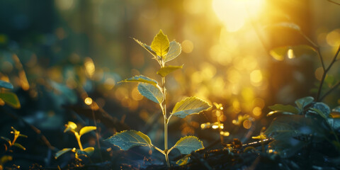Young green plant growing at sunlight in the garden. World Earth Day banner. Save world concept. Growth new life concept.