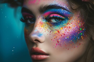 Close-up of a model's face with vibrant, artistic makeup looks