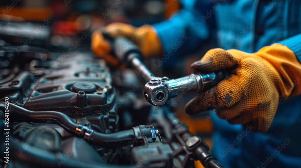 Poster close-up of a mechanic's hands using a wrench on a car engine, focusing intently on the task.