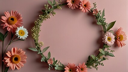 wreath of colorful flowers against a light pink background. This image would make a lovely background for a website, blog, greeting card, or invitation.