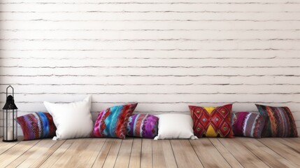 Bohemian corner with bright textile pillows against a white brick wall and vintage wooden floor, no text, no writing, no advertising --ar 16:9 --quality 0.5 --stylize 0 --v 5.2 Job ID: 5616a157-661e