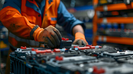 Factory worker in orange safety gear sorting batteries on a busy industrial production line.
