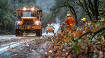 Emergency cleanup crew working on a wet roadside, clearing fallen branches after a storm.