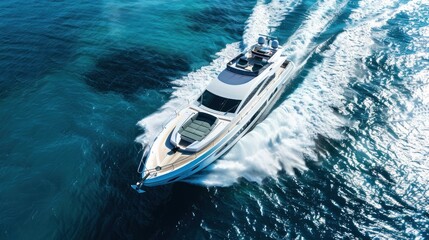 Fototapeta premium Private yacht speed boat sailing at deep blue sea surface in high speed