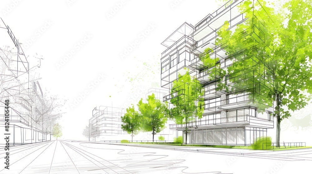 Aufkleber drawing 3d architecture city building sketch lines with green tree on white background