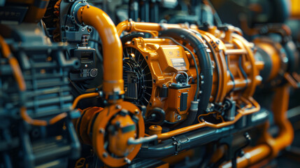 Fototapeta premium Detailed view of a complex industrial engine with multiple pipes and components.