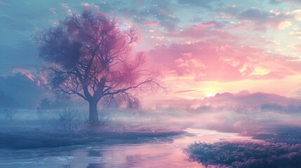 Fantastic tranquil landscape colorful pink and blue pastel color scene