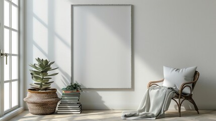 Home interior with vertical mockup picture frame