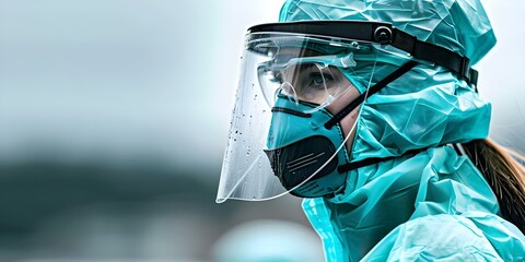 Professional teams in protective gear disinfect town complex to prevent virus spread. Concept COVID-19, Disinfection, Protective Gear, Professional Teams, Town Complex