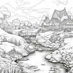 Printable Anime Scenery Coloring Page for Kids and Adults - Fun and Relaxing Artistic Activity