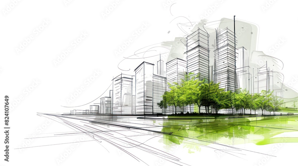 Poster drawing 3d architecture city building sketch lines with green tree on white background