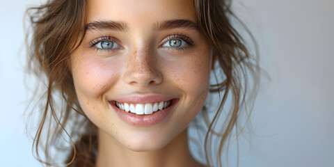 Obraz premium Beautiful young woman female smiling showing perfect white teeth. Dental stomatology whitening and treatment advertisement concept.