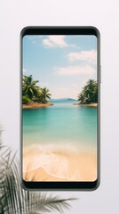 Smartphone on a light gray background with a bright photo of a tropical beach on the screen --ar 9:16 --quality 0.5 --v 5.2 Job ID: 519e0bb5-479d-4993-aa6f-b9f2f5d3a19c