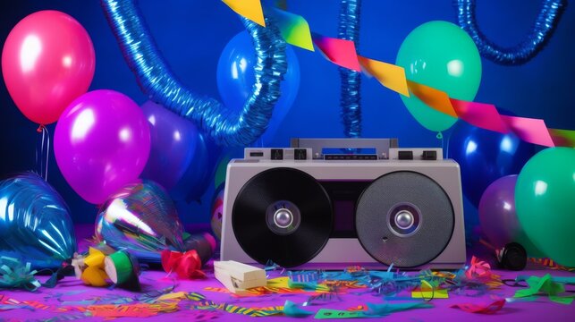 Birthday party in 90s disco style with retro tape recorders, vinyl records, balloons, tinsel on a neon background, no text, no inscriptions, no advertising, no people --ar 16:9 --quality 0.5 --stylize - Powered by Adobe