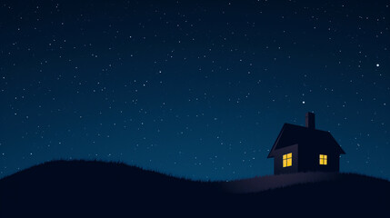 Tranquil Night Sky with Stars Over a Silhouetted House on a Hill for Peaceful and Serene Landscape Design