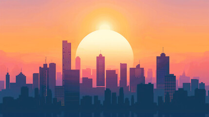 Silhouette of a Modern City Skyline at Sunset with a Vibrant Orange and Purple Sky for Urban Landscape and Architectural Design