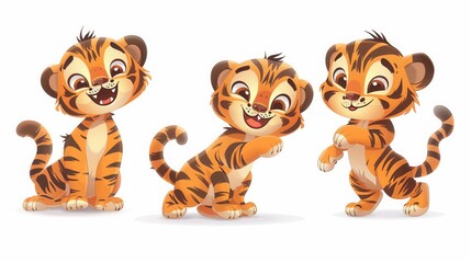 Obraz premium Three cartoon tigers in different poses, showcasing expressions and actions