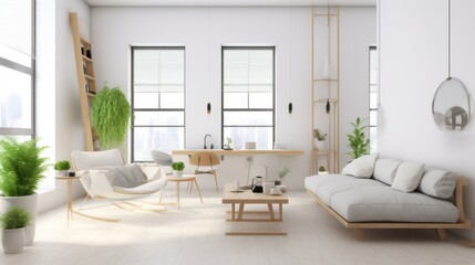Fototapeta premium Scandinavian style with minimalist elements against a background of light walls and floors with the addition of accents of natural wood and green plants, creating a feeling of space and freshness, no