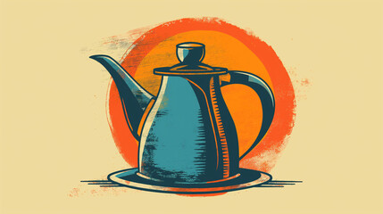 Vintage Teapot Illustration with Bold Outlines and Retro Color Palette on a Beige Background for Classic and Artistic Design