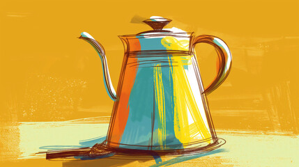 Colorful Abstract Painting of a Vintage Kettle on a Vibrant Yellow Background with Artistic Brush Strokes for Creative and Artistic Design Projects