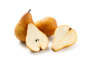 Two whole and halves of pears isolated on white background with clipping path..