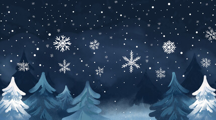 Winter Night Sky with Falling Snowflakes Over Snow-Covered Hills and a Starry Background for Seasonal and Holiday Design