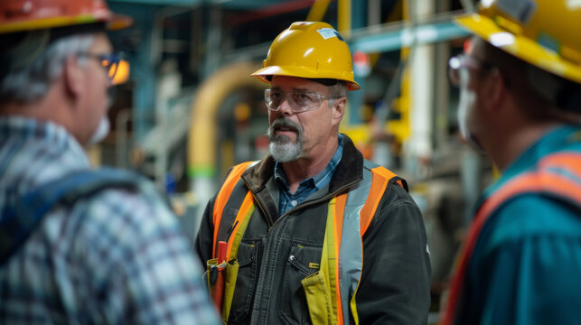 Three factory workers with hard hats discussing seriously in an industrial setting.