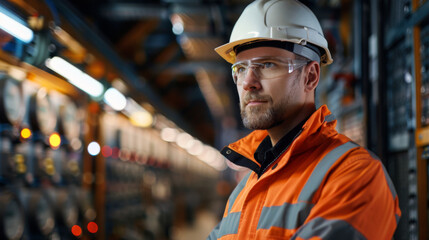 Focused male factory worker in safety gear overseeing operations in a brightly lit industrial facility at night.