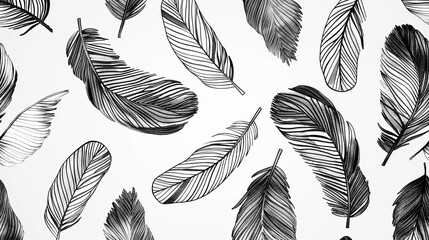 Elegant Black and White Feather Pattern with Detailed Line Art on a Light Gray Background for Modern Decorative Design