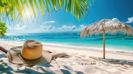 Sunglasses and a straw hat on a tropical sandy beach by the sea. T