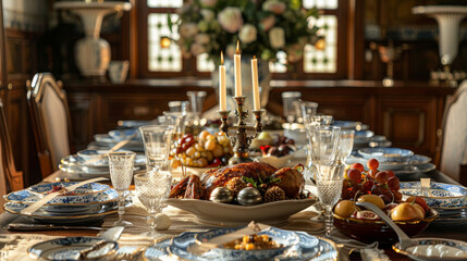 Fototapeta premium Elegant dining room setup for a traditional festive meal featuring a roast turkey centerpiece and fine china.