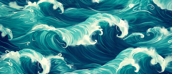Dynamic Ocean Waves with Turquoise Blue Tones and White Foam Crests in a Lively and Energetic Marine Scene