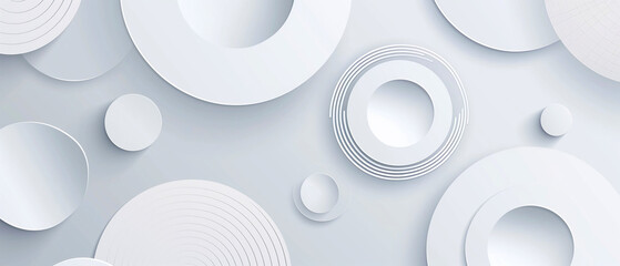 Abstract White Geometric Circles and Layers on a Light Gray Background with Modern Minimalist Design and 3D Effect