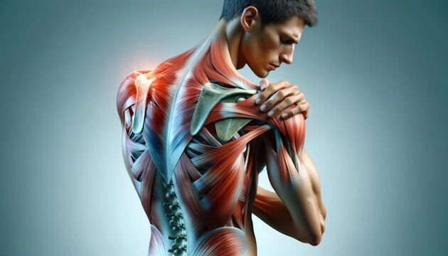 Man Experiencing Shoulder Pain with Muscle Anatomy View