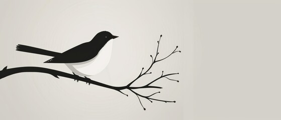 Elegant Bird on Branch, Minimalist Black and White Vector Illustration, Peaceful and Artistic Nature