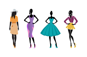 Stylish women silhouettes, art vector of fashion model, elegant and fashionable young females, posing figure isolated 