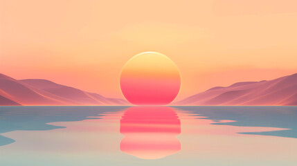 Serene Sunset Over Calm Waters with Soft Reflections and Distant Mountain Silhouettes in a Pastel Sky