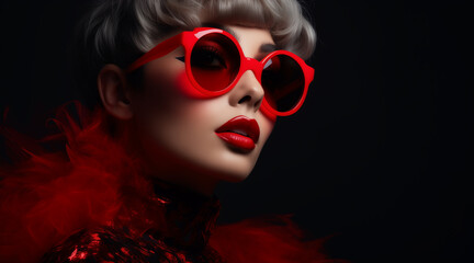 Obraz premium Fashion portrait close-up of a woman in red glasses and beautiful beauty makeup on a dark background